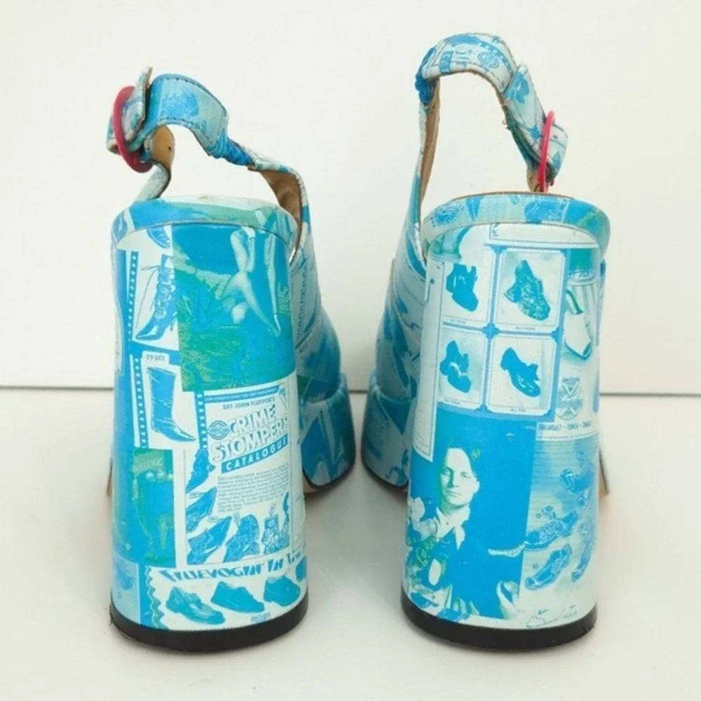 John Fluevog Blue Newsprint Lasting Impressions Tenura Chunky Platform‎ Heels- 8